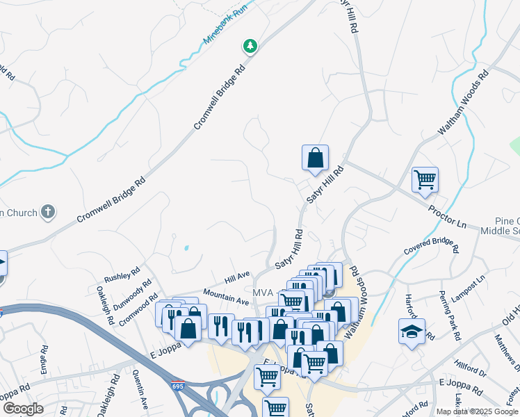 map of restaurants, bars, coffee shops, grocery stores, and more near 3954 Forest Valley Road in Parkville