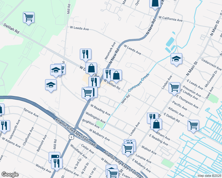 map of restaurants, bars, coffee shops, grocery stores, and more near 409-419 West Delilah Road in Pleasantville