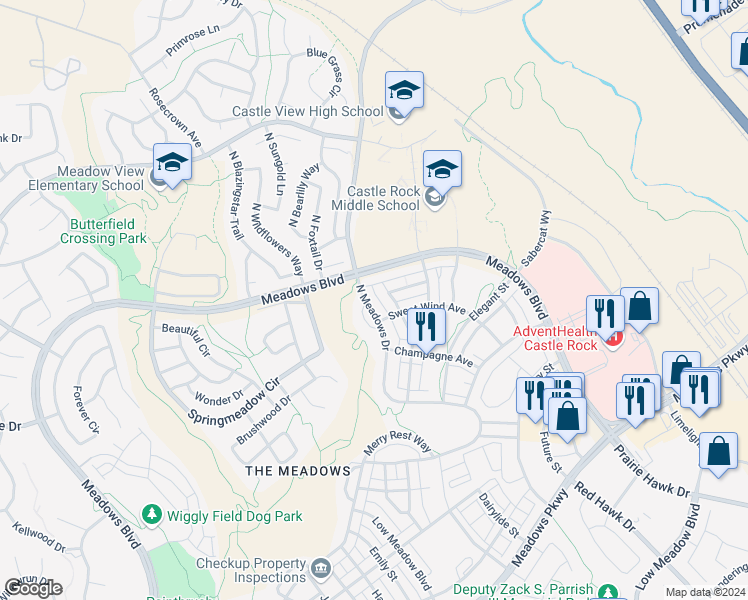 map of restaurants, bars, coffee shops, grocery stores, and more near 4432 North Meadows Drive in Castle Rock