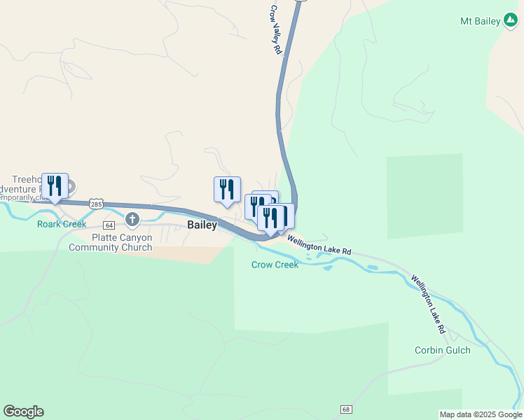 map of restaurants, bars, coffee shops, grocery stores, and more near 101 Main Street in Bailey