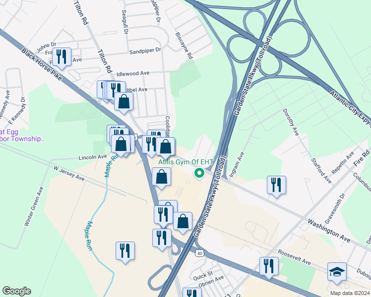 map of restaurants, bars, coffee shops, grocery stores, and more near in Egg Harbor Township