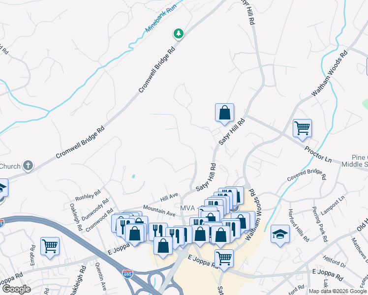 map of restaurants, bars, coffee shops, grocery stores, and more near 3956 Forest Valley Road in Parkville
