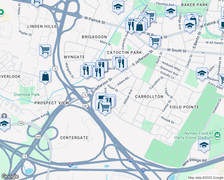 map of restaurants, bars, coffee shops, grocery stores, and more near 524 Pearl Street in Frederick