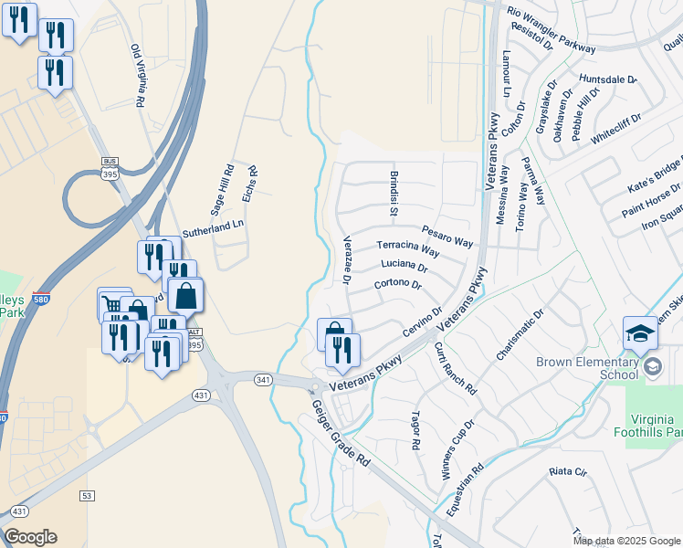 map of restaurants, bars, coffee shops, grocery stores, and more near 11525 Verazae Drive in Reno