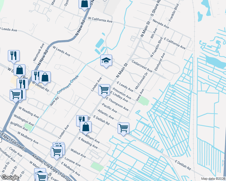 map of restaurants, bars, coffee shops, grocery stores, and more near 16 East Lindley Avenue in Pleasantville
