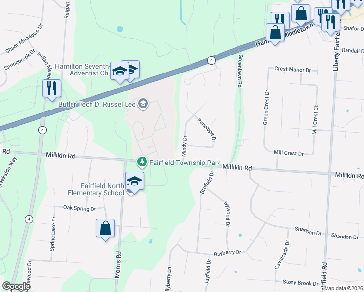 map of restaurants, bars, coffee shops, grocery stores, and more near 5968 Mindy Drive in Hamilton