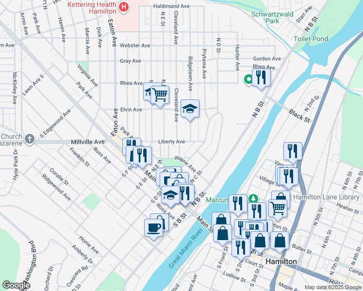 map of restaurants, bars, coffee shops, grocery stores, and more near 227 North D Street in Hamilton