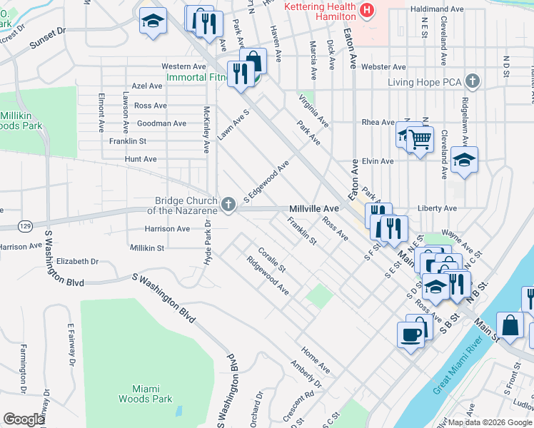 map of restaurants, bars, coffee shops, grocery stores, and more near 689 Woodford Street in Hamilton