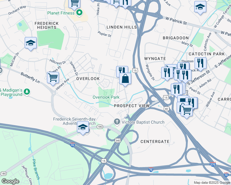 map of restaurants, bars, coffee shops, grocery stores, and more near 573 Ellison Court in Frederick