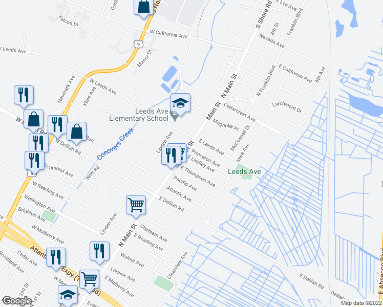 map of restaurants, bars, coffee shops, grocery stores, and more near 16 East Lindley Avenue in Pleasantville