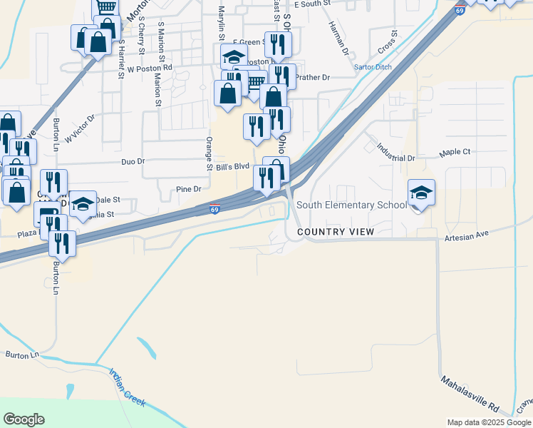 map of restaurants, bars, coffee shops, grocery stores, and more near 1130 Williamsburg Court in Martinsville