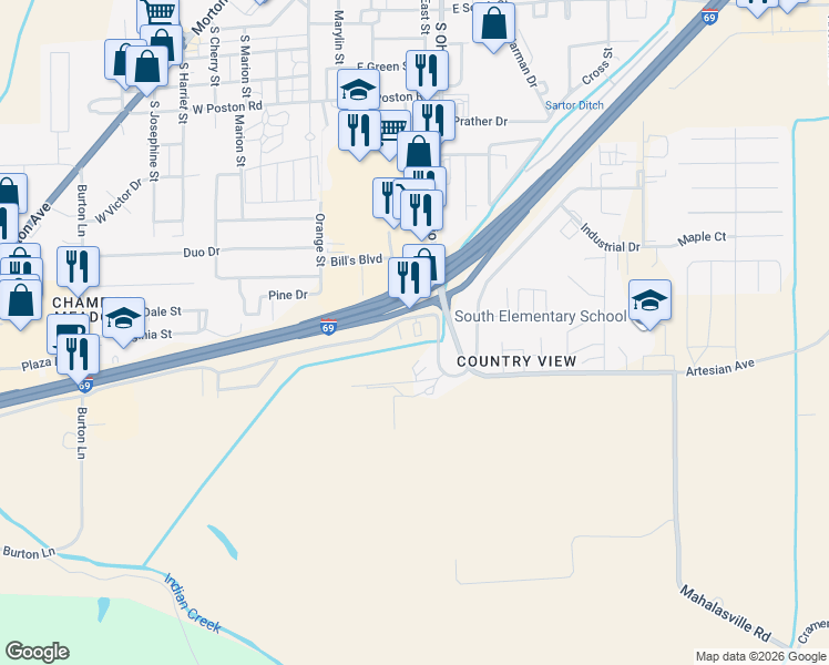 map of restaurants, bars, coffee shops, grocery stores, and more near 1130 Williamsburg Court in Martinsville
