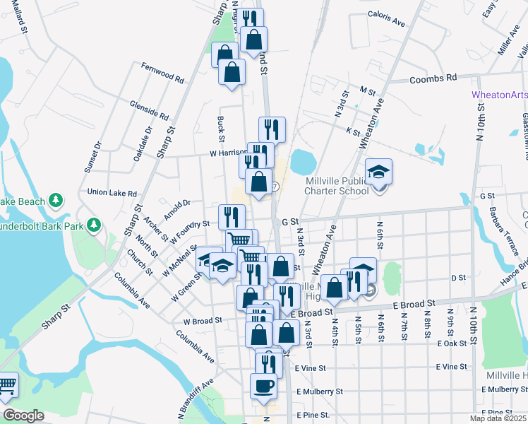 map of restaurants, bars, coffee shops, grocery stores, and more near 1001 North High Street in Millville