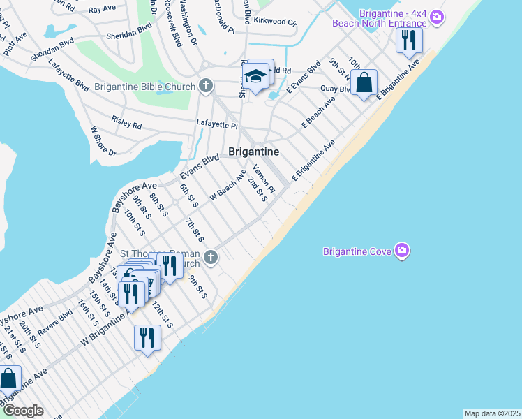 map of restaurants, bars, coffee shops, grocery stores, and more near 312 2nd Street South in Brigantine