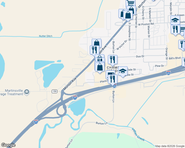 map of restaurants, bars, coffee shops, grocery stores, and more near 950 Cloverleaf Court in Martinsville