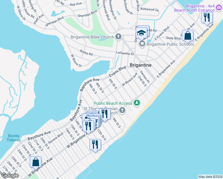map of restaurants, bars, coffee shops, grocery stores, and more near 606 West Beach Avenue in Brigantine
