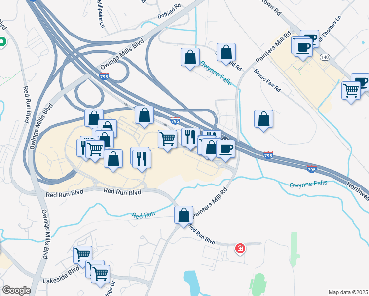 map of restaurants, bars, coffee shops, grocery stores, and more near Grand Central Avenue in Owings Mills