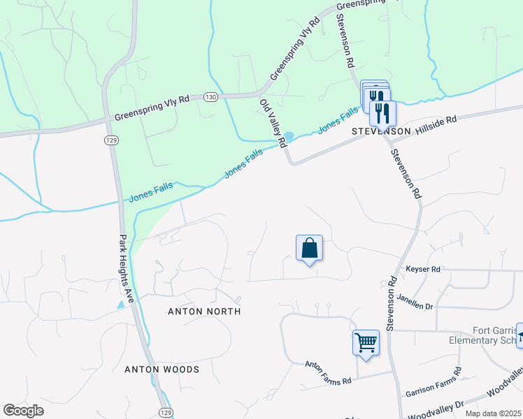 map of restaurants, bars, coffee shops, grocery stores, and more near 11 Green Heather Court in Pikesville