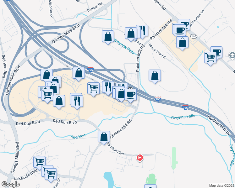 map of restaurants, bars, coffee shops, grocery stores, and more near Grand Junction Lane in Owings Mills