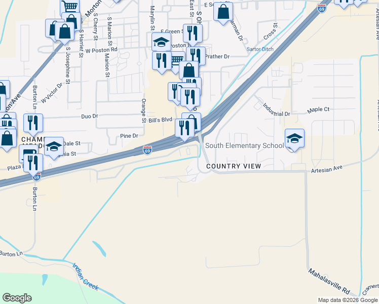 map of restaurants, bars, coffee shops, grocery stores, and more near 1600 Williamsburg Colony Street in Martinsville