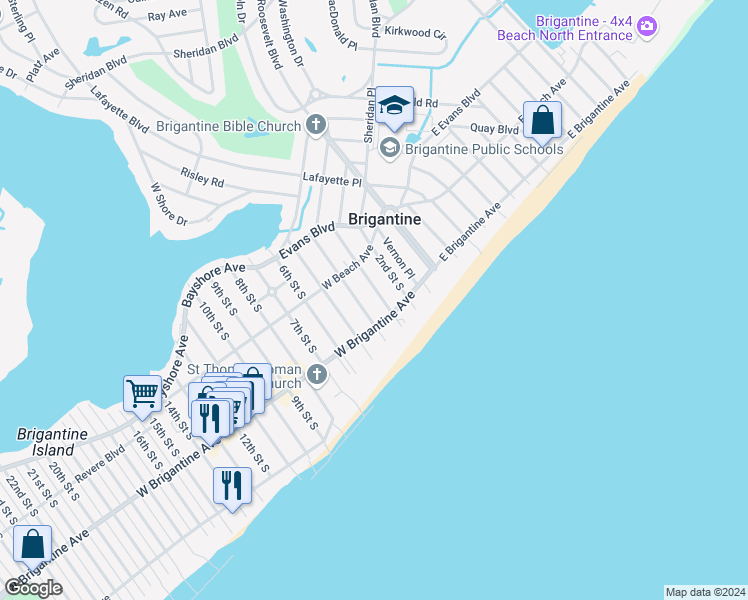 map of restaurants, bars, coffee shops, grocery stores, and more near 246 3rd Street South in Brigantine