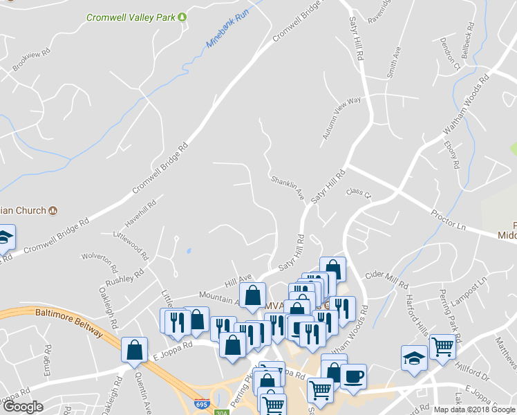 map of restaurants, bars, coffee shops, grocery stores, and more near 4010 Forest Valley Road in Parkville