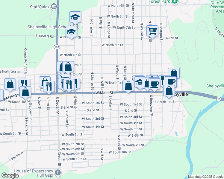 map of restaurants, bars, coffee shops, grocery stores, and more near 600-698 West Main Street in Shelbyville