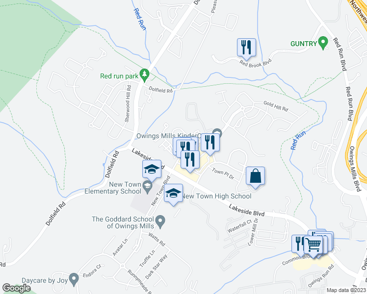 map of restaurants, bars, coffee shops, grocery stores, and more near 4954 Lockard Drive in Owings Mills