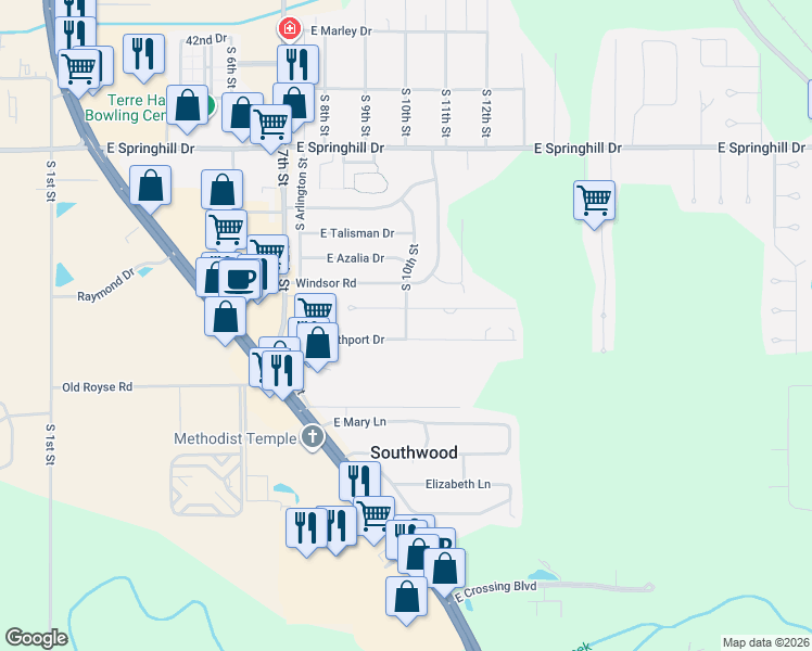 map of restaurants, bars, coffee shops, grocery stores, and more near in Terre Haute