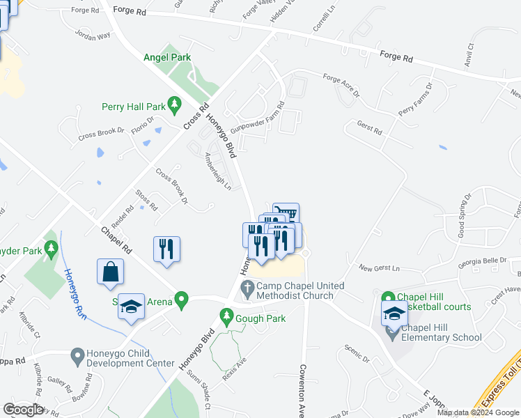 map of restaurants, bars, coffee shops, grocery stores, and more near 5030 Strawbridge Terrace in Perry Hall