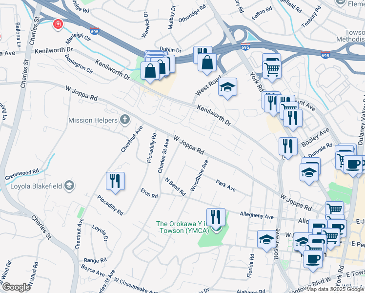 map of restaurants, bars, coffee shops, grocery stores, and more near 613 West Joppa Road in Towson