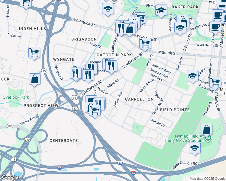 map of restaurants, bars, coffee shops, grocery stores, and more near 319 Queen Street in Frederick