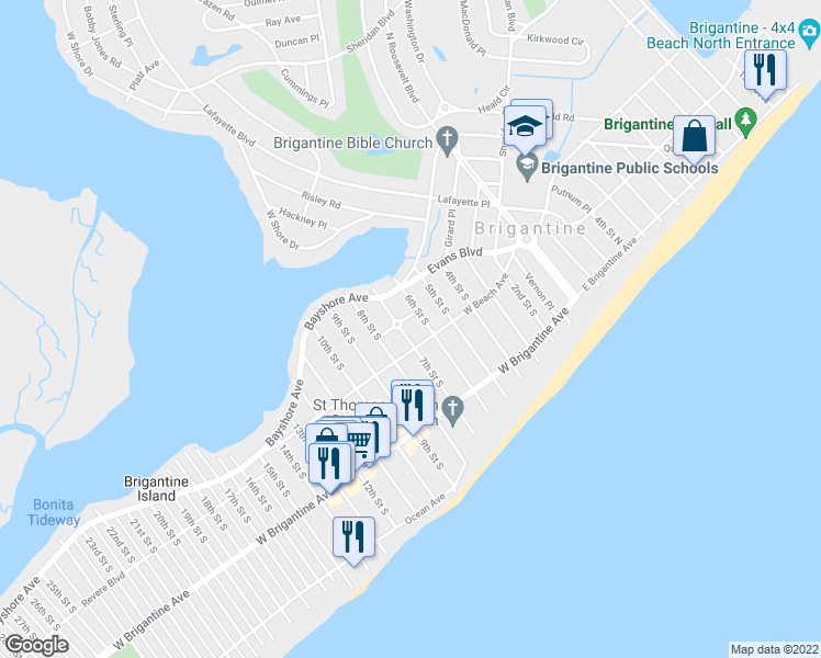 map of restaurants, bars, coffee shops, grocery stores, and more near 606 West Beach Avenue in Brigantine