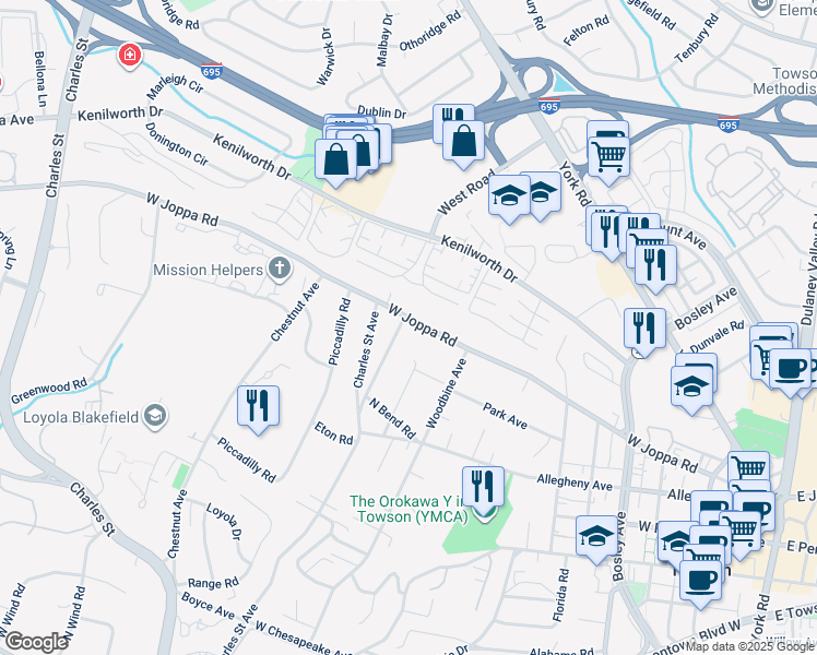 map of restaurants, bars, coffee shops, grocery stores, and more near 613 West Joppa Road in Towson
