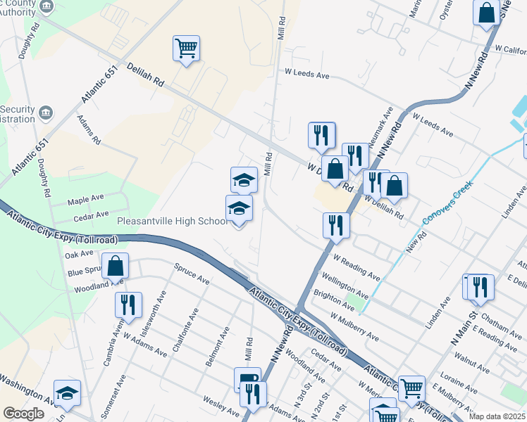 map of restaurants, bars, coffee shops, grocery stores, and more near 701 Mill Road in Pleasantville