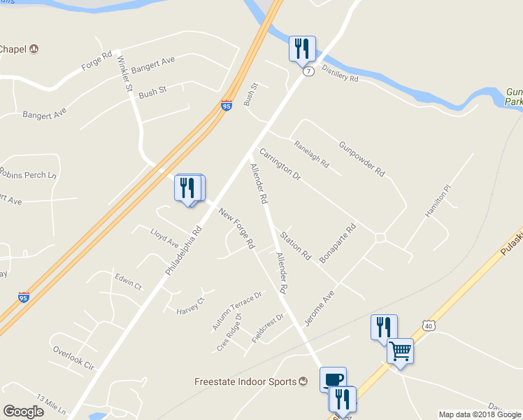 map of restaurants, bars, coffee shops, grocery stores, and more near 5629 Allender Road in White Marsh