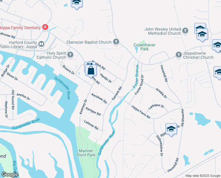 map of restaurants, bars, coffee shops, grocery stores, and more near 409 Joppa Farm Road in Joppatowne