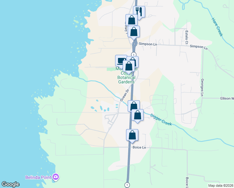 map of restaurants, bars, coffee shops, grocery stores, and more near 18060 Ocean Drive in Fort Bragg