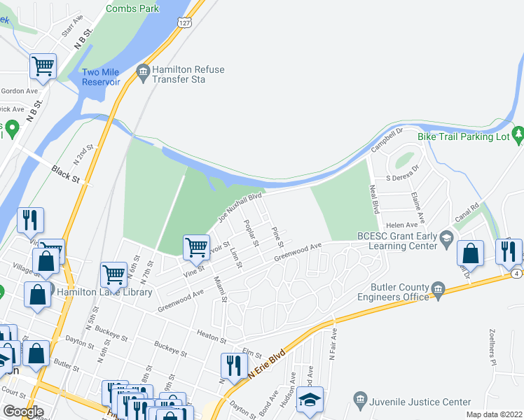 map of restaurants, bars, coffee shops, grocery stores, and more near 714 Pine Street in Hamilton