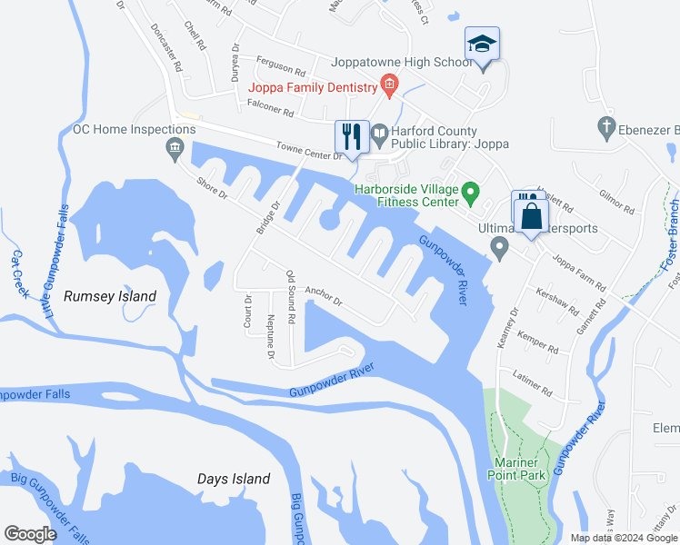 map of restaurants, bars, coffee shops, grocery stores, and more near 626 Shore Drive in Harford County