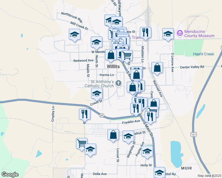 map of restaurants, bars, coffee shops, grocery stores, and more near 508 Coast Street in Willits