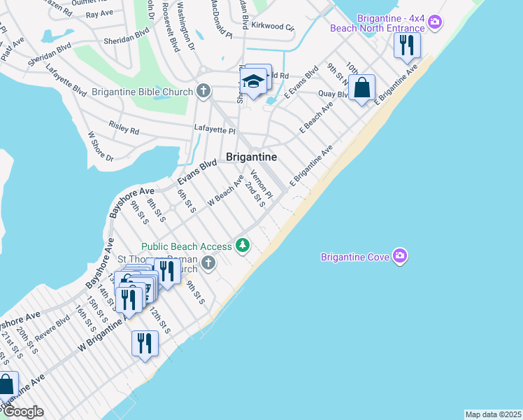 map of restaurants, bars, coffee shops, grocery stores, and more near 312 2nd Street South in Brigantine