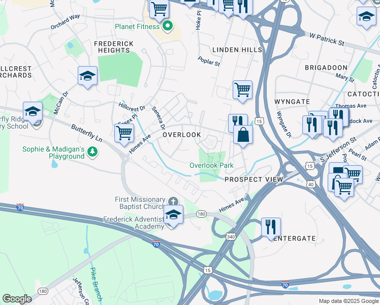 map of restaurants, bars, coffee shops, grocery stores, and more near 1002 Inkberry Way in Frederick