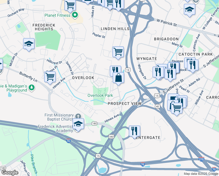map of restaurants, bars, coffee shops, grocery stores, and more near 505 Sylvan Court in Frederick