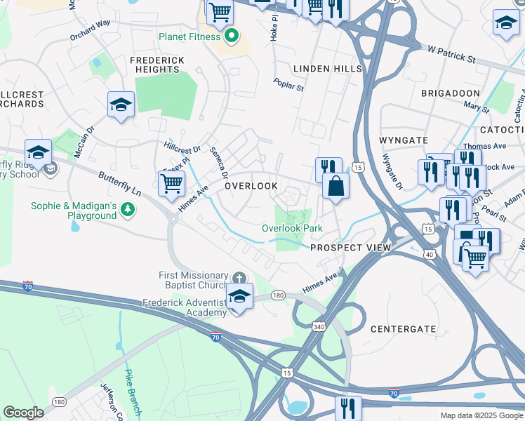 map of restaurants, bars, coffee shops, grocery stores, and more near 1002 Inkberry Way in Frederick