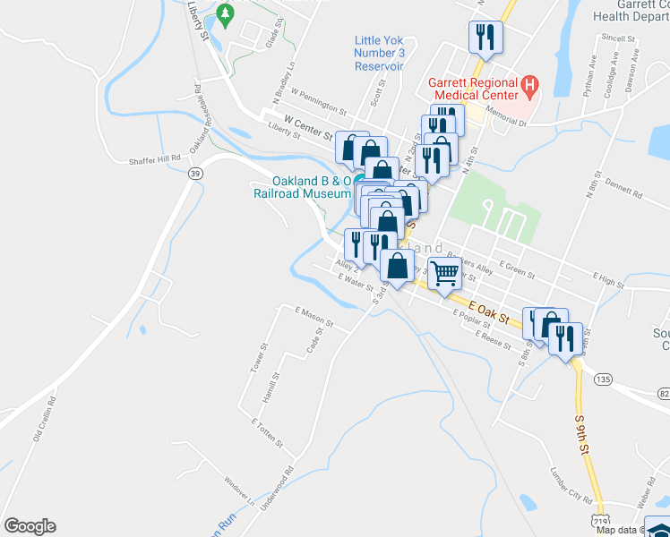 map of restaurants, bars, coffee shops, grocery stores, and more near 100 East Water Street in Oakland