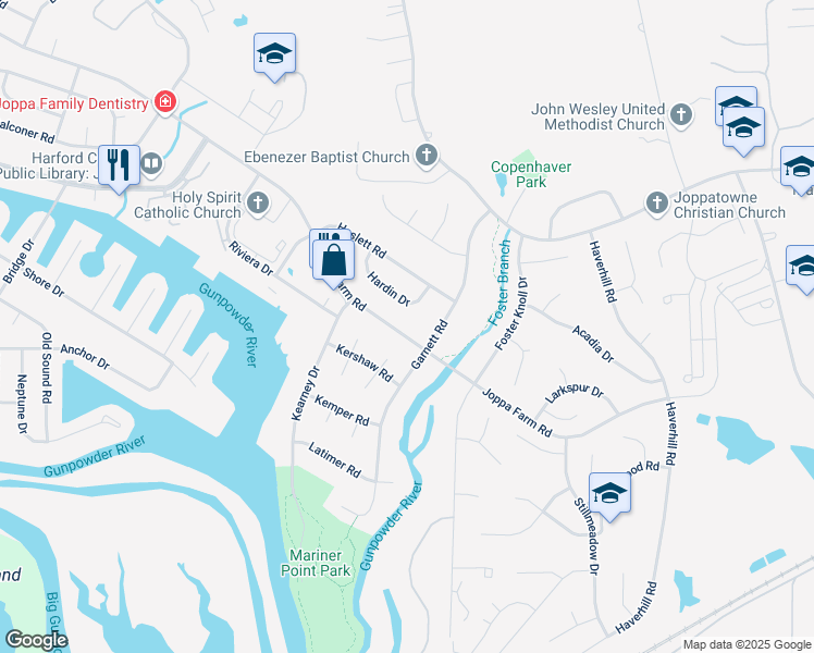 map of restaurants, bars, coffee shops, grocery stores, and more near 409 Joppa Farm Road in Joppatowne