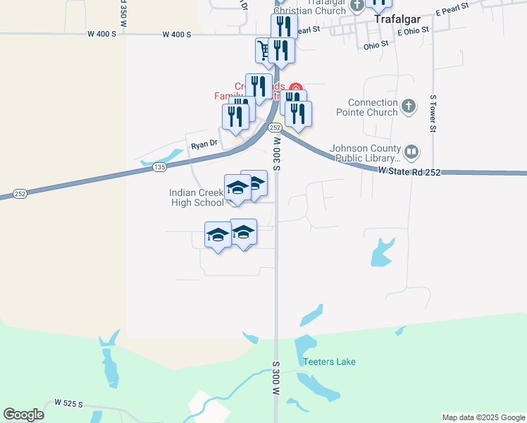 map of restaurants, bars, coffee shops, grocery stores, and more near 801 South Indian Creek Drive in Trafalgar