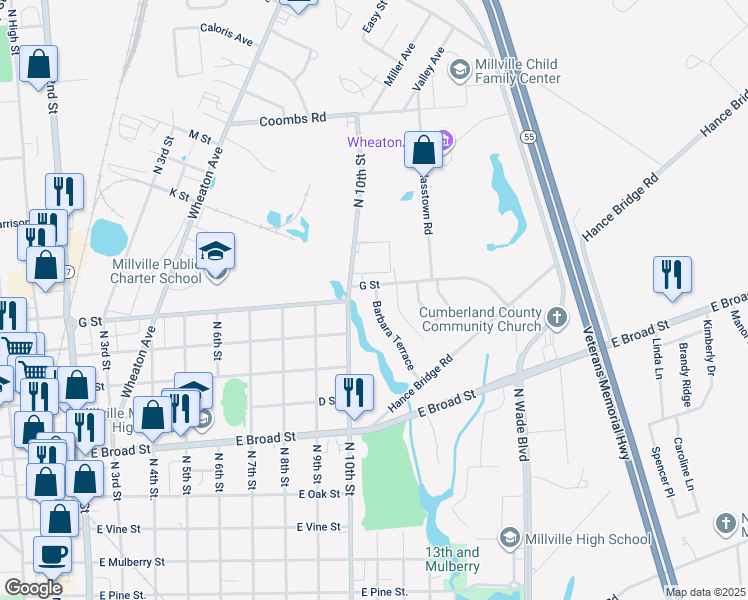 map of restaurants, bars, coffee shops, grocery stores, and more near 901 North 10th Street in Millville
