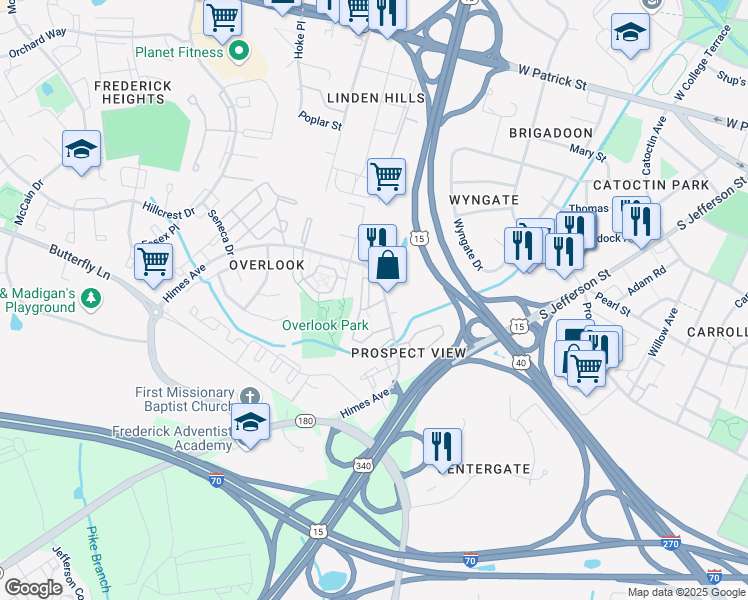 map of restaurants, bars, coffee shops, grocery stores, and more near 500 Sylvan Court in Frederick